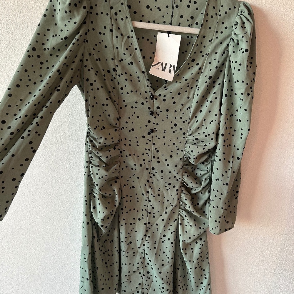 ZARA - Dress - Sage Green and Black Polka Dots - Size Small